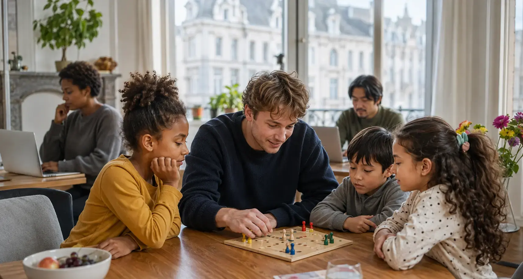 A multilingual babysitter plays with children in a Brussels home