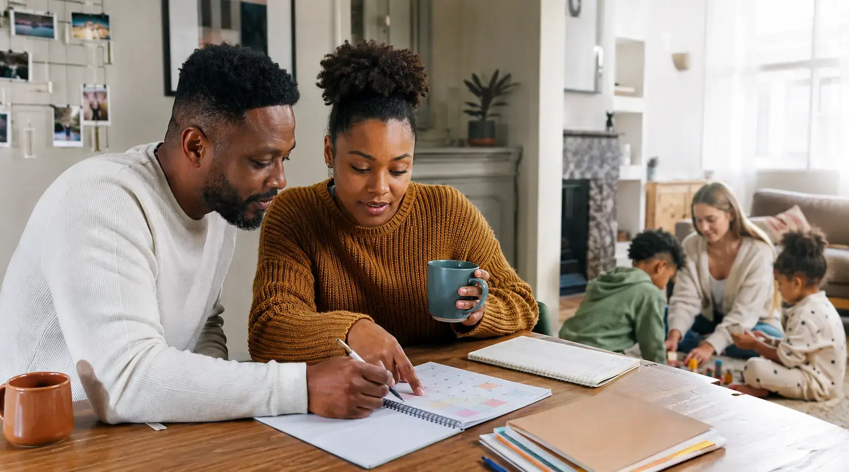 Des parents organisent la garde pendant que la baby-sitter joue avec les enfants