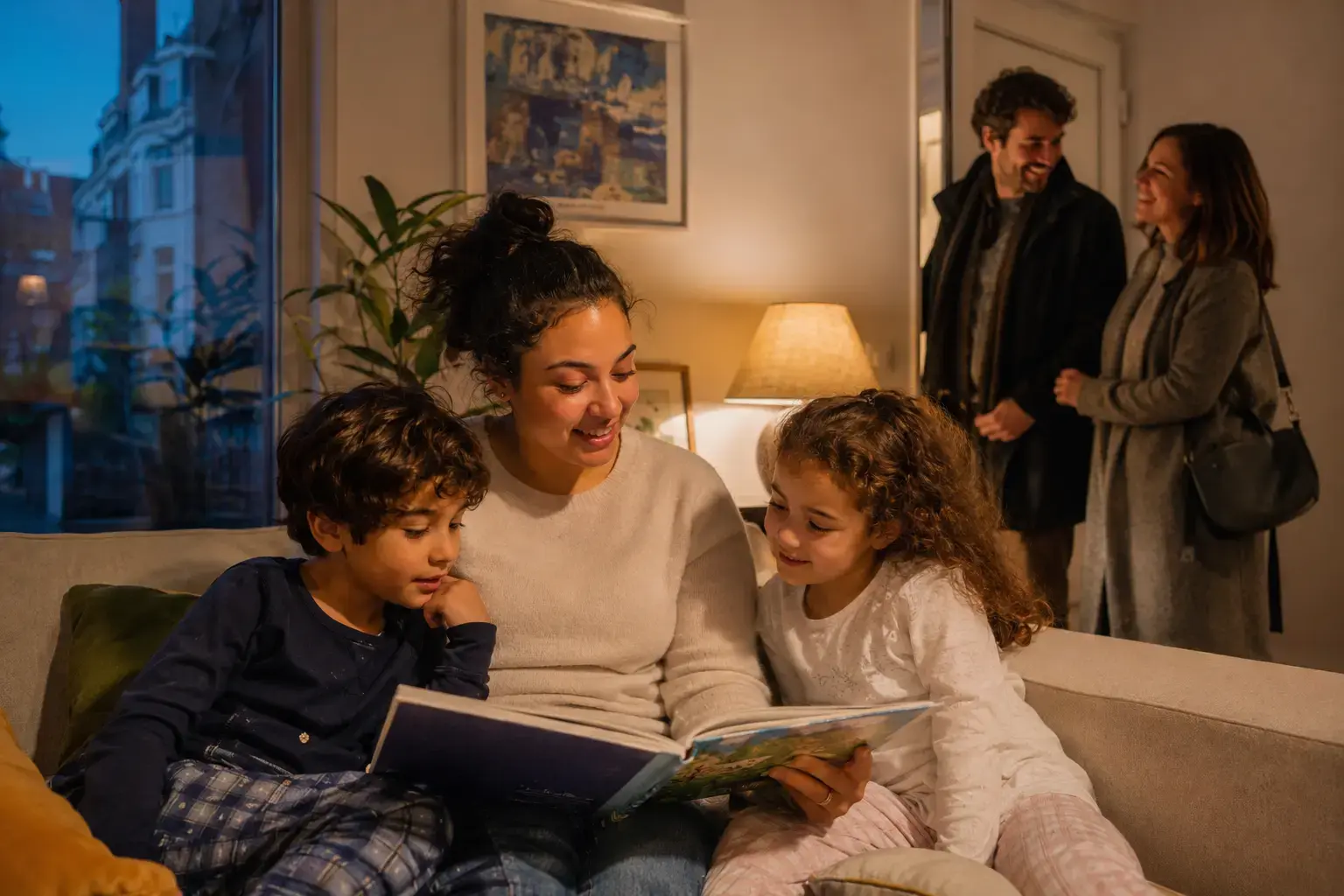 Babysitter leest een verhaaltje terwijl de ouders vertrekken