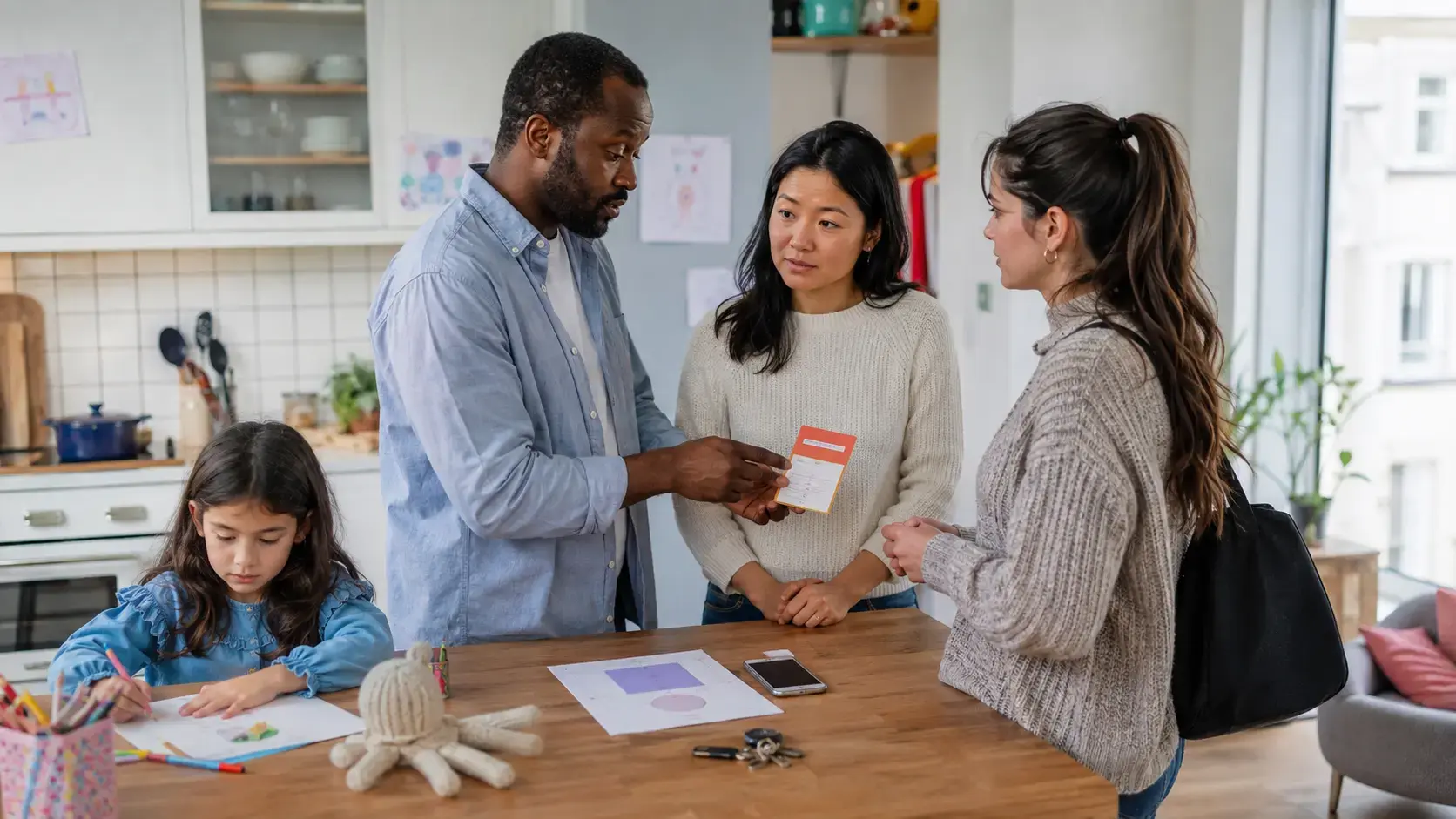Parents discuss care instructions with their babysitter