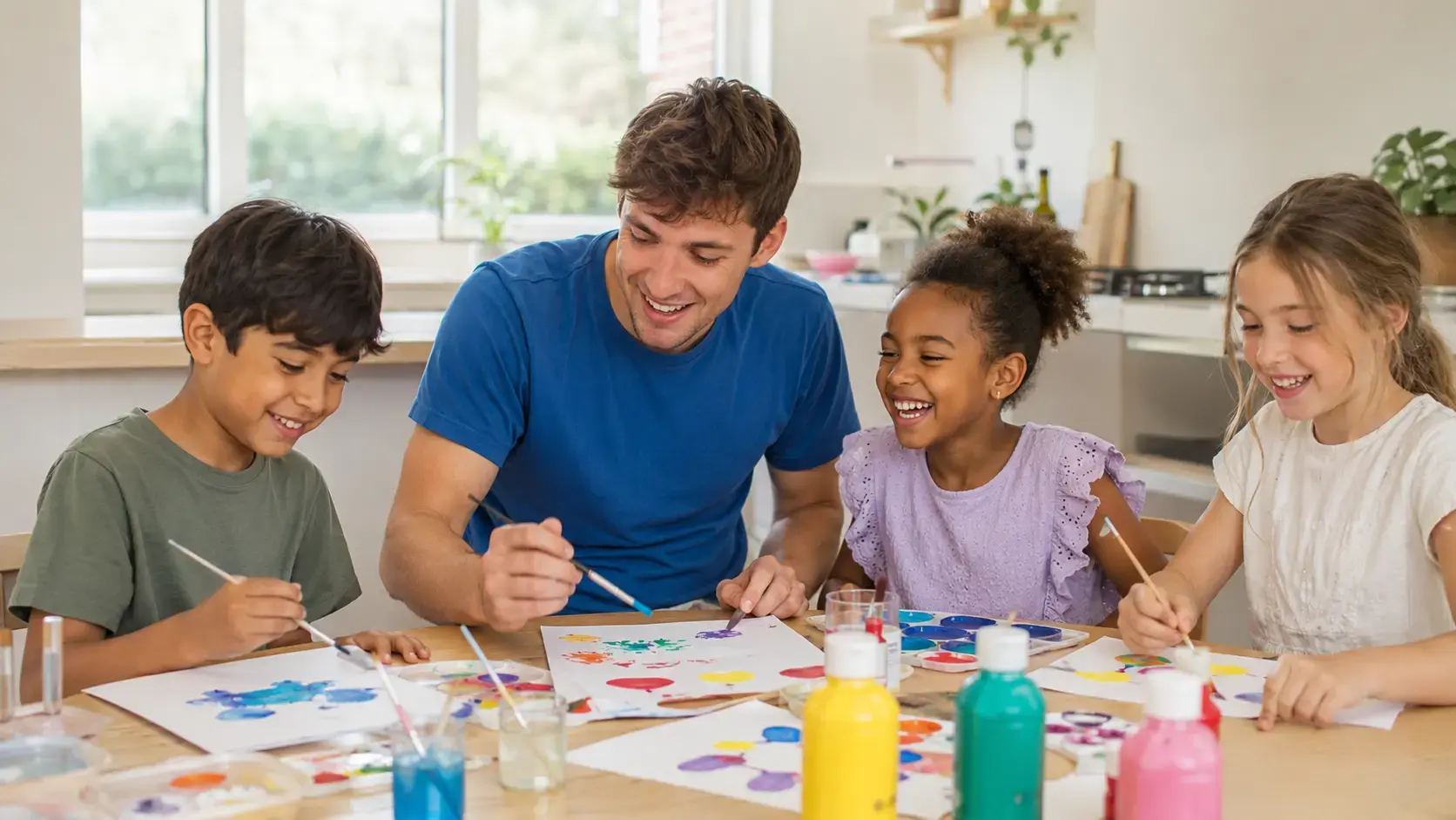A babysitter leads a craft activity during the school holidays