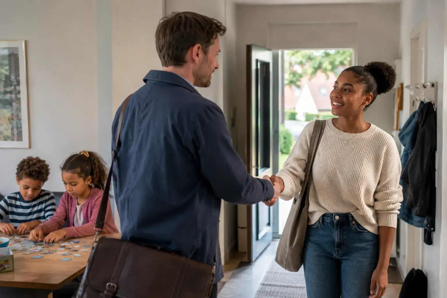 A parent calmly hands over care to an urgent babysitter
